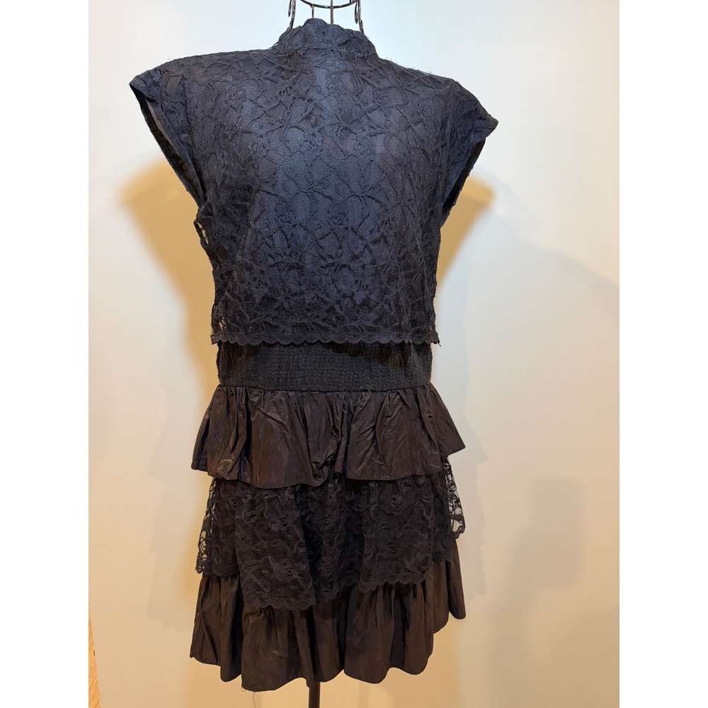 Vintage Black Lace Tiered Ruffle Mini Dress High Neck Smocked Waist Cocktail